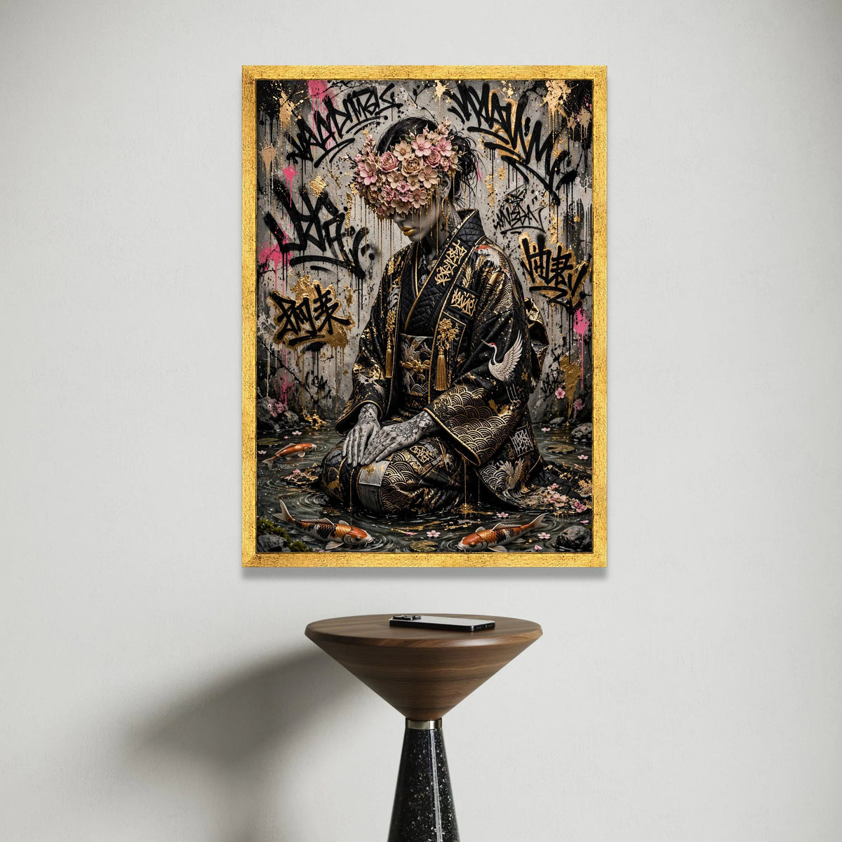 Elegant Geisha with Floral Mask, Urban Graffiti Canvas Art, Japanese Kimono Wall Decor, Contemporary Asian Style Canvas, Canvas Print Art