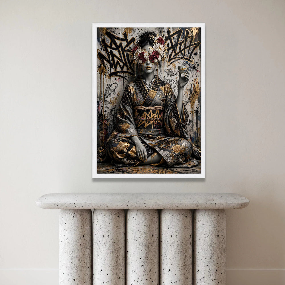 Elegant Geisha with Floral Mask Canvas, Japanese Kimono Wall Art, Modern Asian Decor, Koi Fish and Graffiti Background, Canvas Print Art