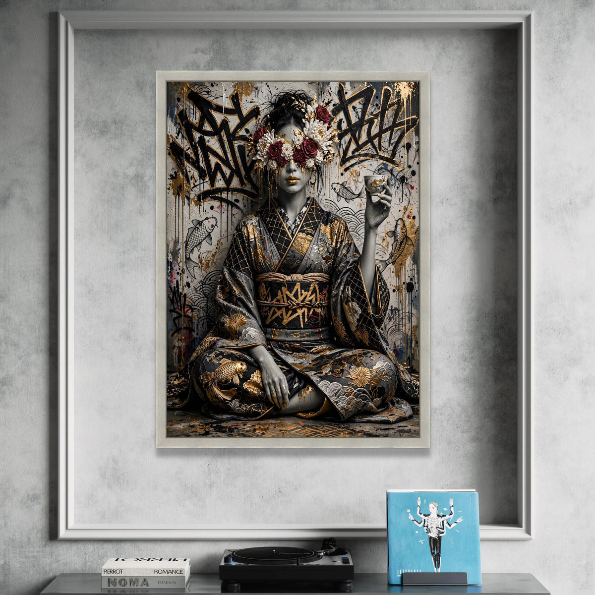 Elegant Geisha with Floral Mask Canvas, Japanese Kimono Wall Art, Modern Asian Decor, Koi Fish and Graffiti Background, Canvas Print Art