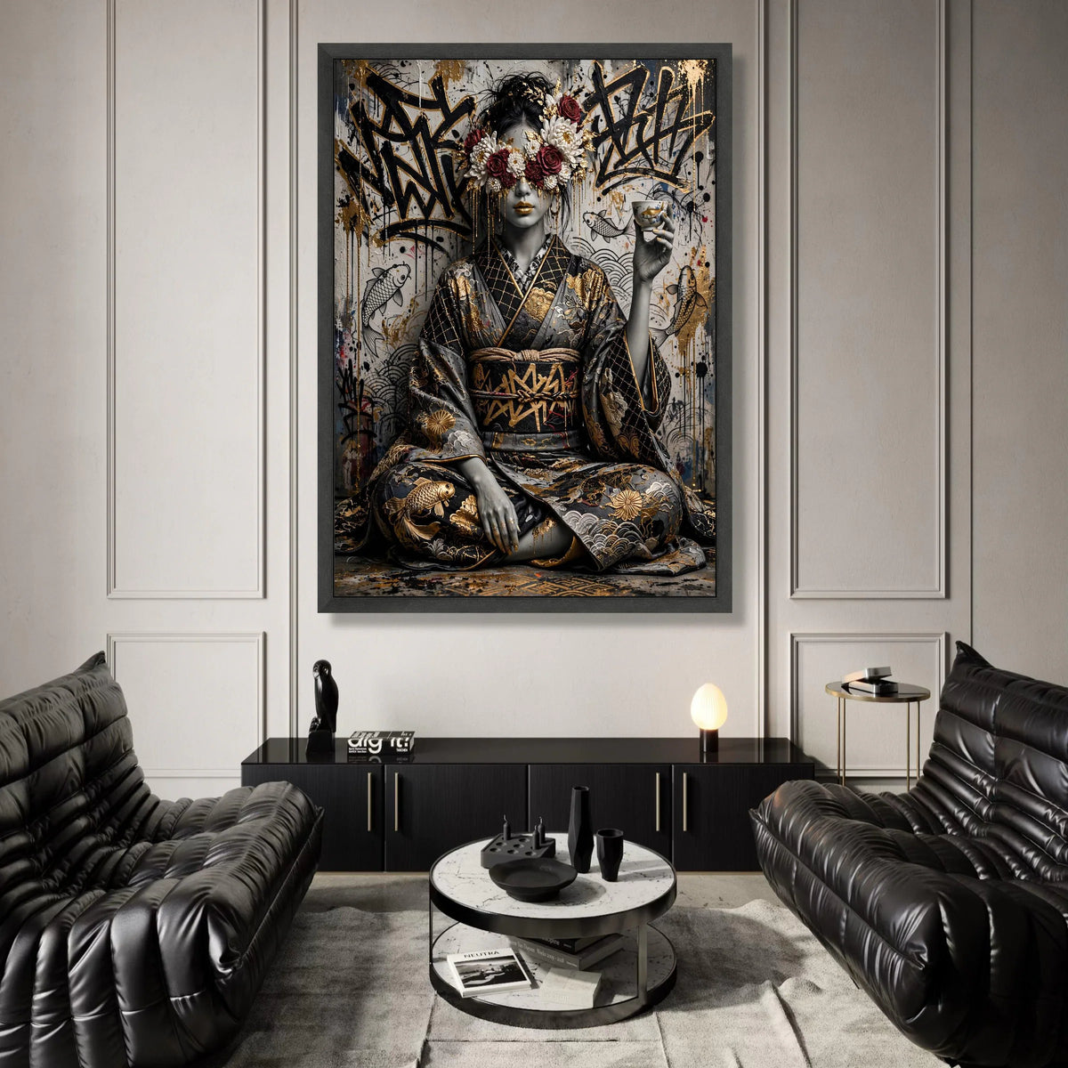 Elegant Geisha with Floral Mask Canvas, Japanese Kimono Wall Art, Modern Asian Decor, Koi Fish and Graffiti Background, Canvas Print Art