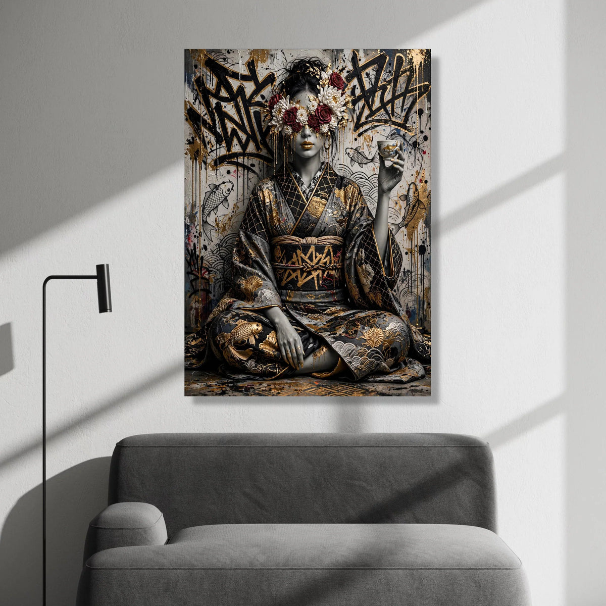 Elegant Geisha with Floral Mask Canvas, Japanese Kimono Wall Art, Modern Asian Decor, Koi Fish and Graffiti Background, Canvas Print Art
