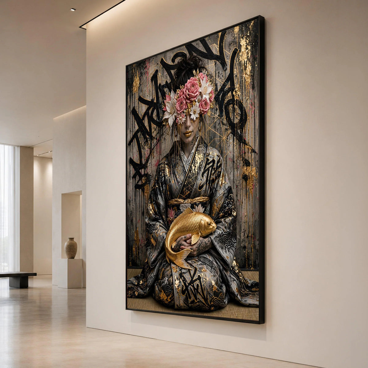 Elegant Geisha with Golden Koi Fish, Floral Headpiece Canvas, Japanese Cultural Wall Art, Modern Asian Art Decor, Ready to Canvas Print Art