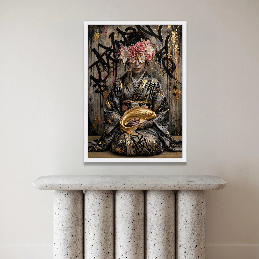 Elegant Geisha with Golden Koi Fish, Floral Headpiece Canvas, Japanese Cultural Wall Art, Modern Asian Art Decor, Ready to Canvas Print Art