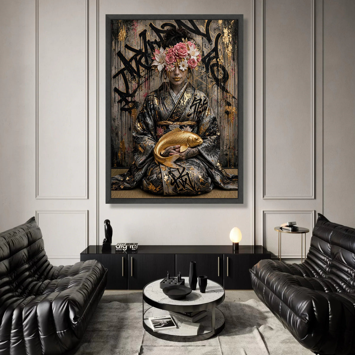 Elegant Geisha with Golden Koi Fish, Floral Headpiece Canvas, Japanese Cultural Wall Art, Modern Asian Art Decor, Ready to Canvas Print Art