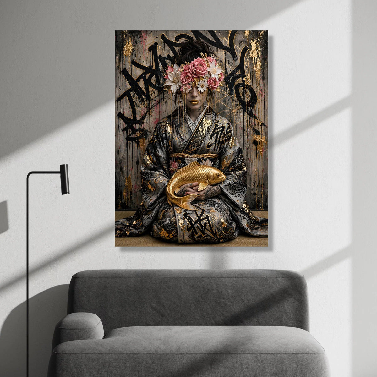 Elegant Geisha with Golden Koi Fish, Floral Headpiece Canvas, Japanese Cultural Wall Art, Modern Asian Art Decor, Ready to Canvas Print Art
