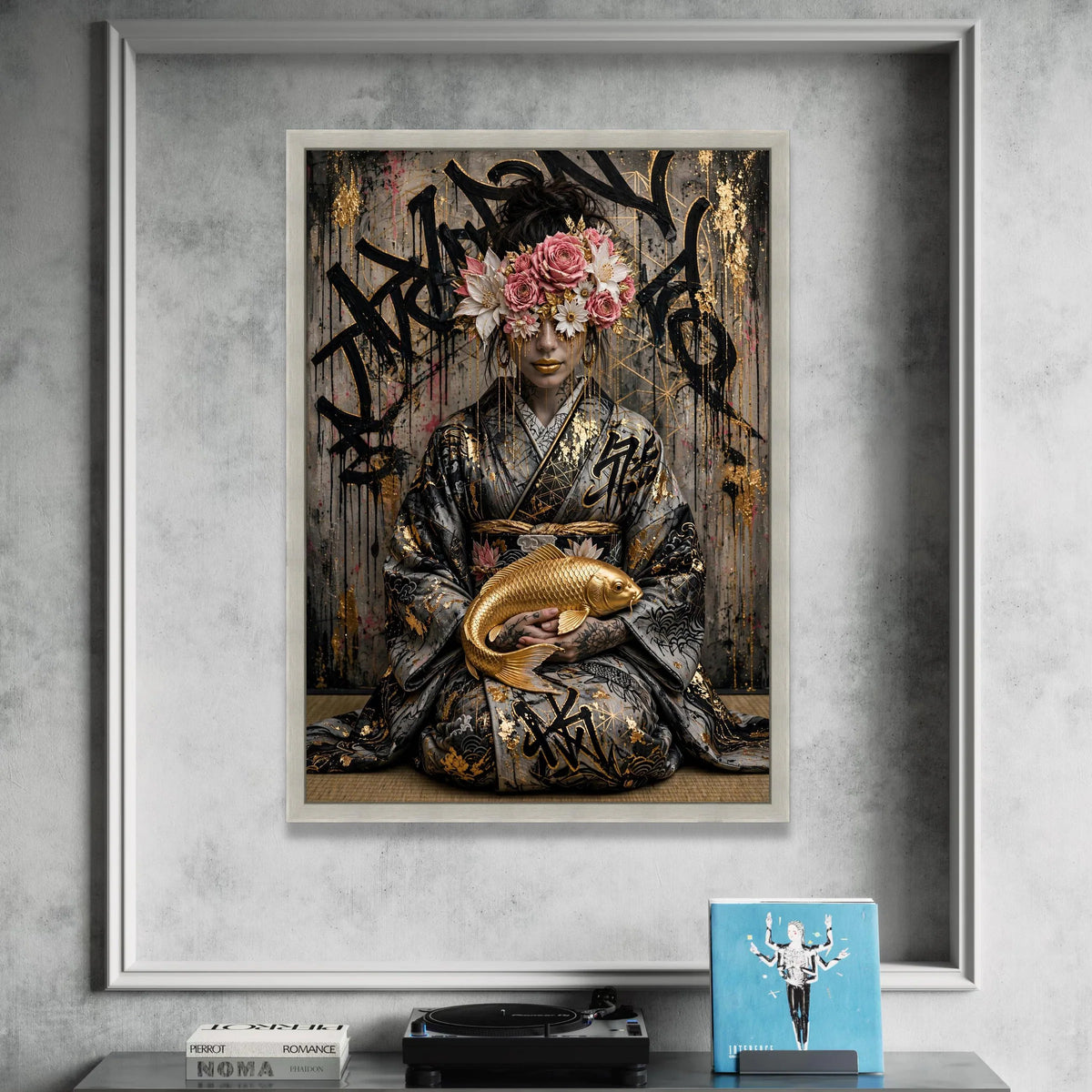 Elegant Geisha with Golden Koi Fish, Floral Headpiece Canvas, Japanese Cultural Wall Art, Modern Asian Art Decor, Ready to Canvas Print Art