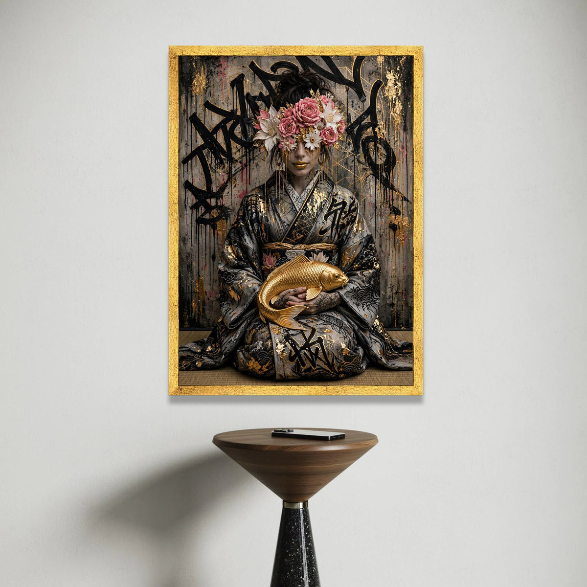 Elegant Geisha with Golden Koi Fish, Floral Headpiece Canvas, Japanese Cultural Wall Art, Modern Asian Art Decor, Ready to Canvas Print Art