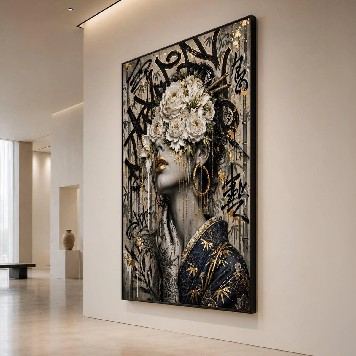 Elegant Geisha Woman with White Floral Mask Canvas, Asian Wall Art, Gold Detail Face Painting, Bamboo Background Canvas Art Canvas Print Art