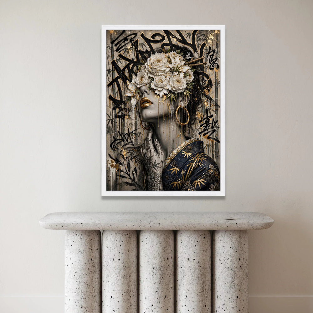 Elegant Geisha Woman with White Floral Mask Canvas, Asian Wall Art, Gold Detail Face Painting, Bamboo Background Canvas Art Canvas Print Art