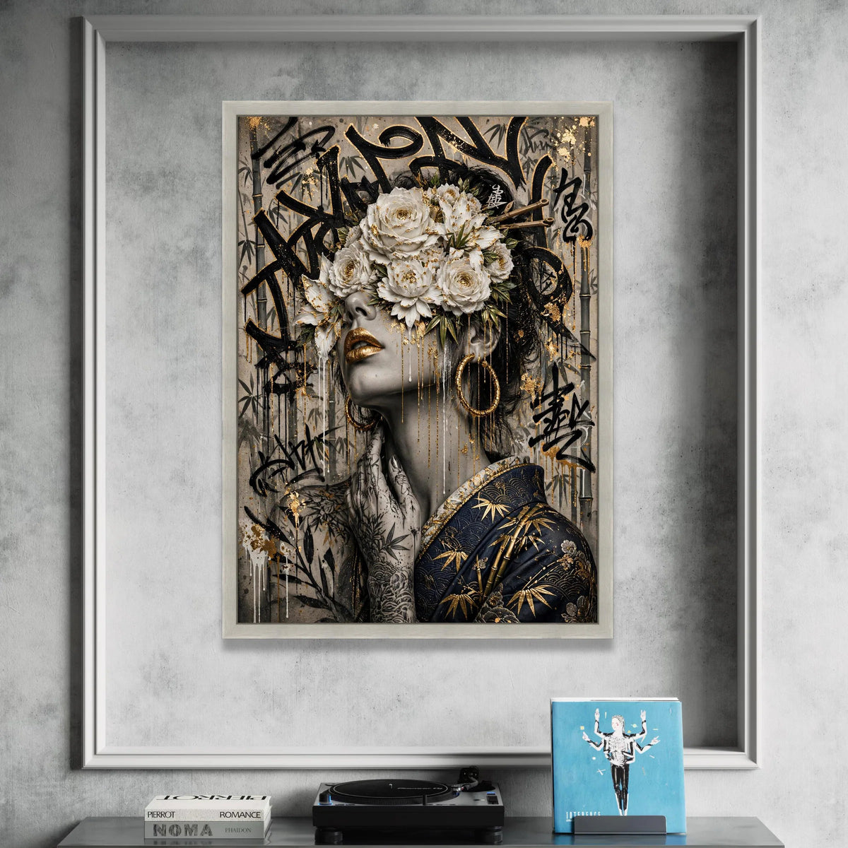 Elegant Geisha Woman with White Floral Mask Canvas, Asian Wall Art, Gold Detail Face Painting, Bamboo Background Canvas Art Canvas Print Art