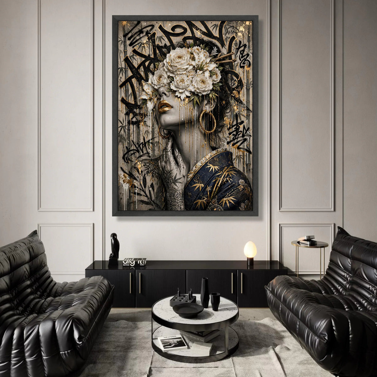Elegant Geisha Woman with White Floral Mask Canvas, Asian Wall Art, Gold Detail Face Painting, Bamboo Background Canvas Art Canvas Print Art