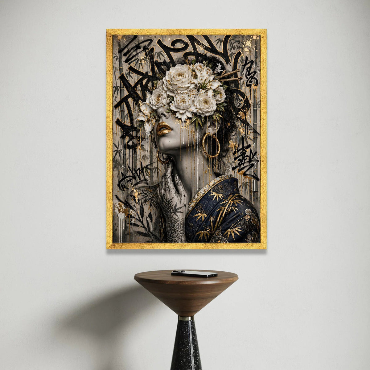 Elegant Geisha Woman with White Floral Mask Canvas, Asian Wall Art, Gold Detail Face Painting, Bamboo Background Canvas Art Canvas Print Art