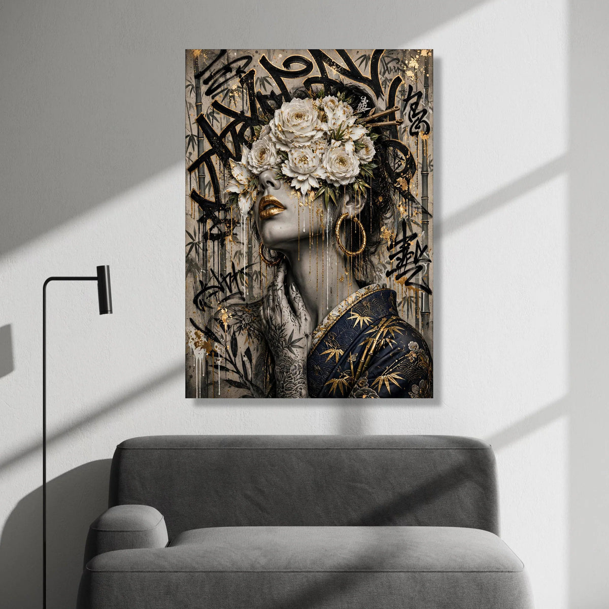 Elegant Geisha Woman with White Floral Mask Canvas, Asian Wall Art, Gold Detail Face Painting, Bamboo Background Canvas Art Canvas Print Art