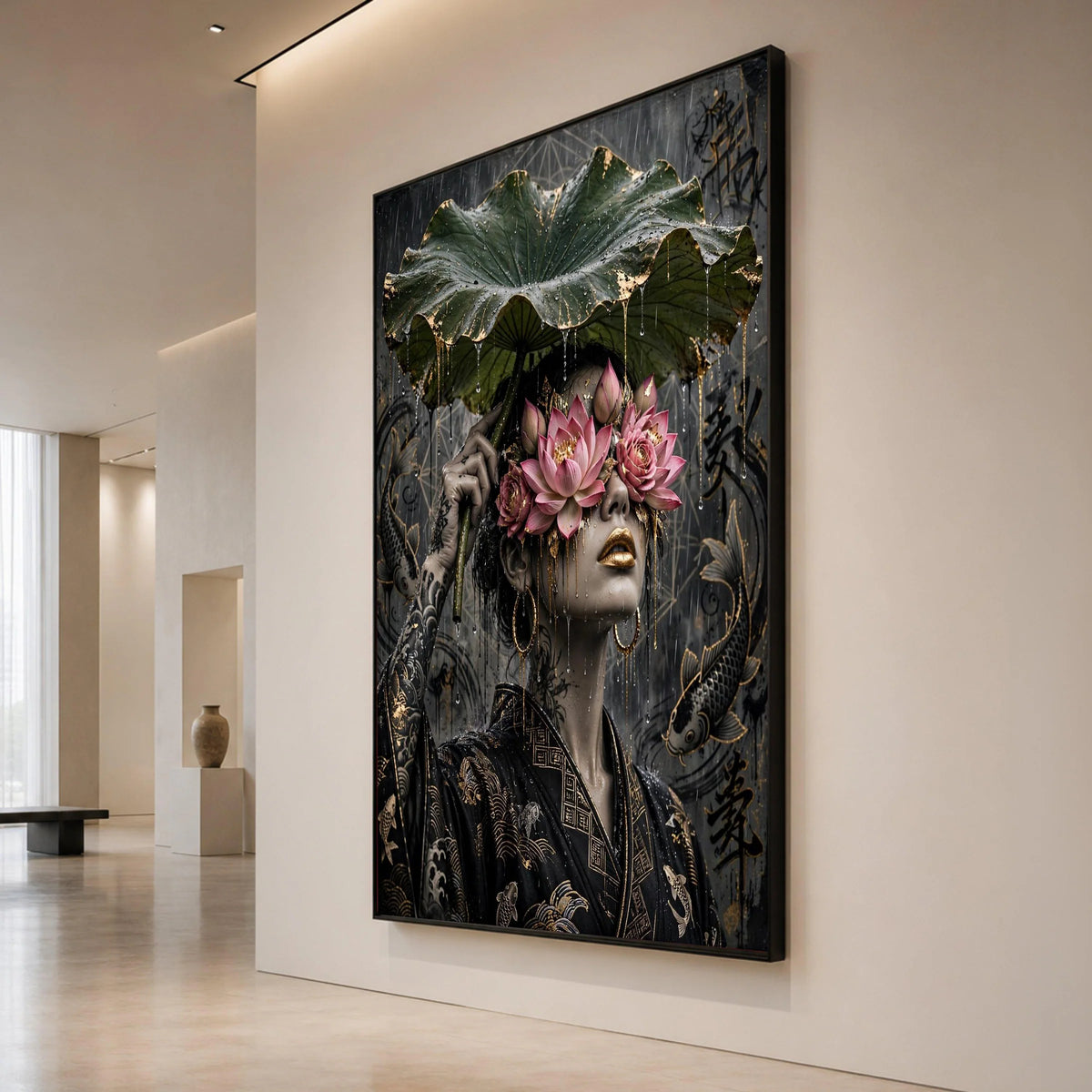Surreal Lotus Mask Woman, Asian Style Canvas, Golden Koi Fish Art, Rain Scene Wall Decoration, Floral Face Art Canvas Canvas Print Art