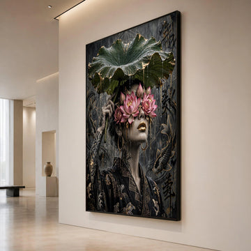 Surreal Lotus Mask Woman, Asian Style Canvas, Golden Koi Fish Art, Rain Scene Wall Decoration, Floral Face Art Canvas Canvas Print Art
