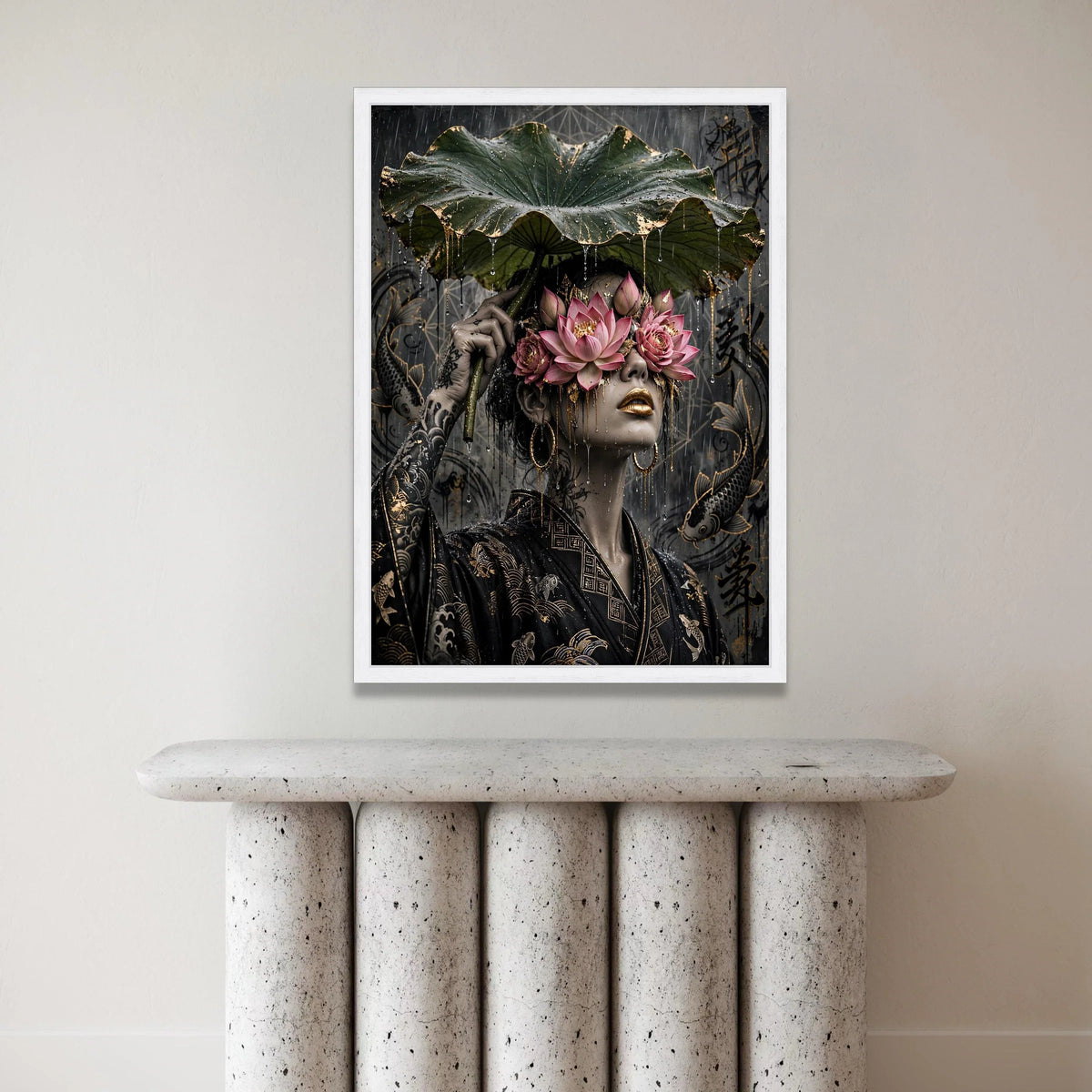 Surreal Lotus Mask Woman, Asian Style Canvas, Golden Koi Fish Art, Rain Scene Wall Decoration, Floral Face Art Canvas Canvas Print Art