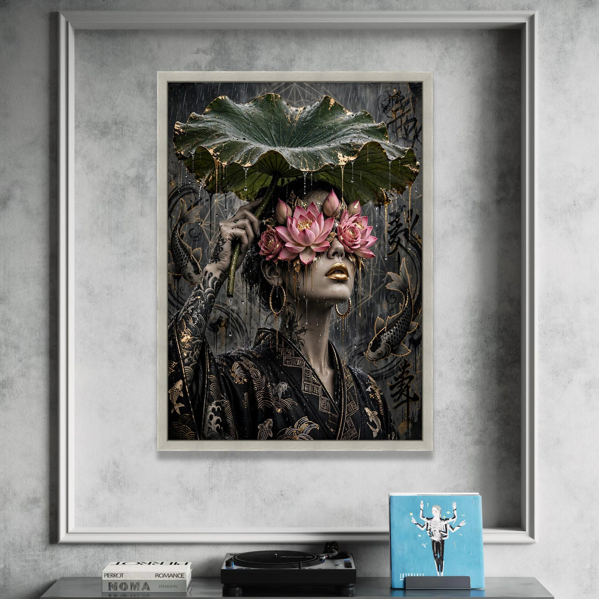 Surreal Lotus Mask Woman, Asian Style Canvas, Golden Koi Fish Art, Rain Scene Wall Decoration, Floral Face Art Canvas Canvas Print Art