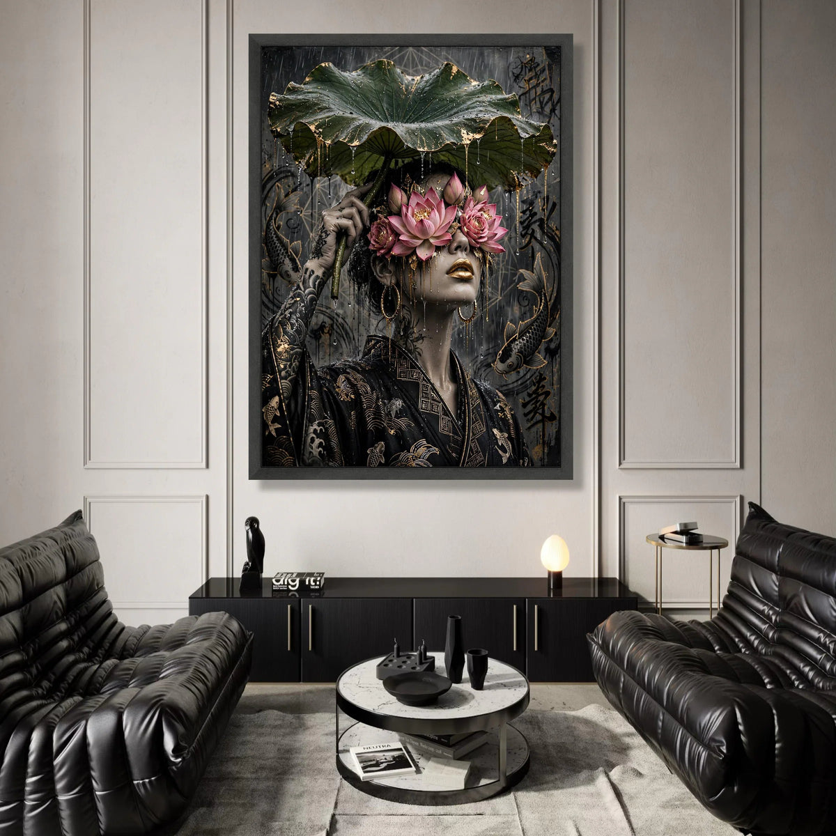 Surreal Lotus Mask Woman, Asian Style Canvas, Golden Koi Fish Art, Rain Scene Wall Decoration, Floral Face Art Canvas Canvas Print Art