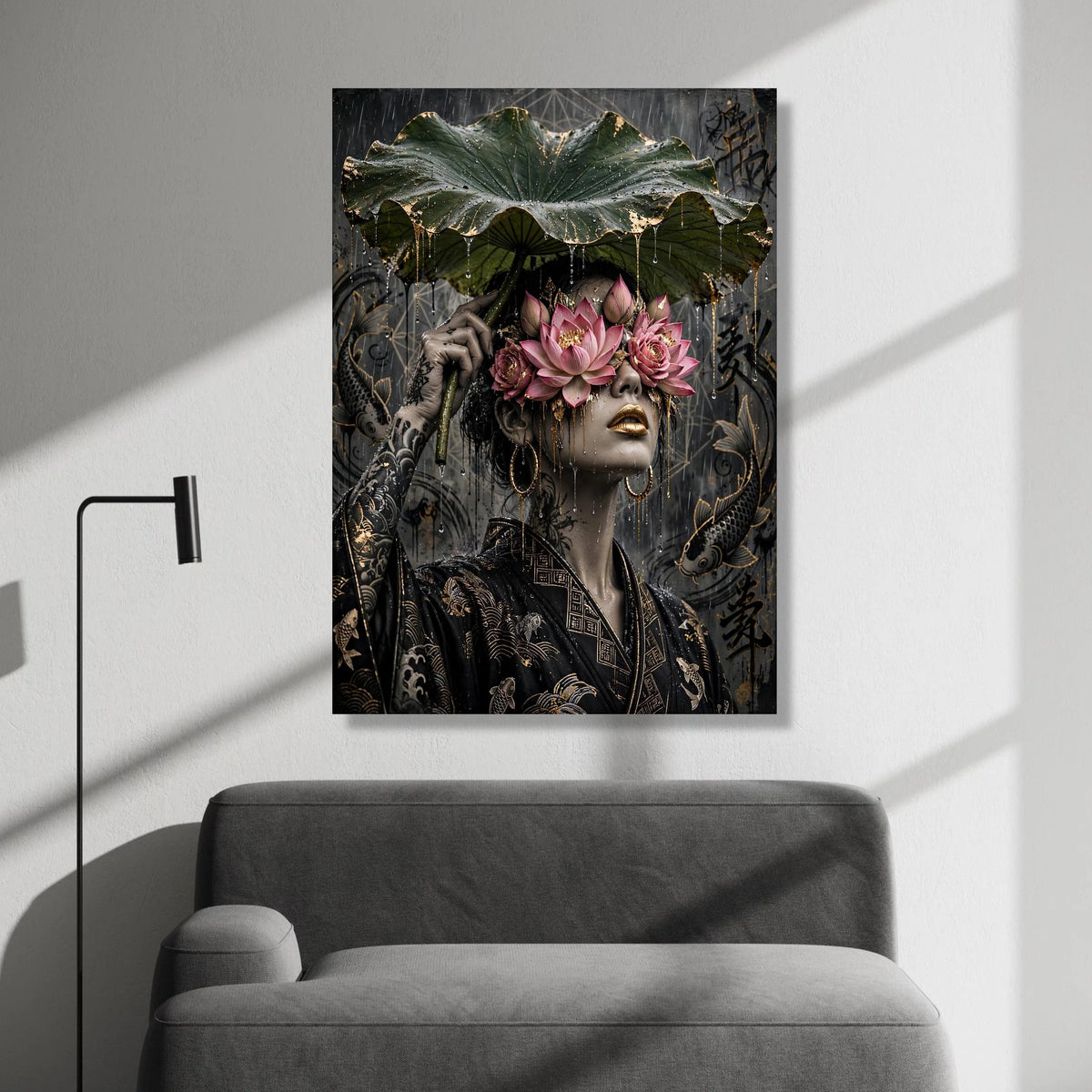 Surreal Lotus Mask Woman, Asian Style Canvas, Golden Koi Fish Art, Rain Scene Wall Decoration, Floral Face Art Canvas Canvas Print Art