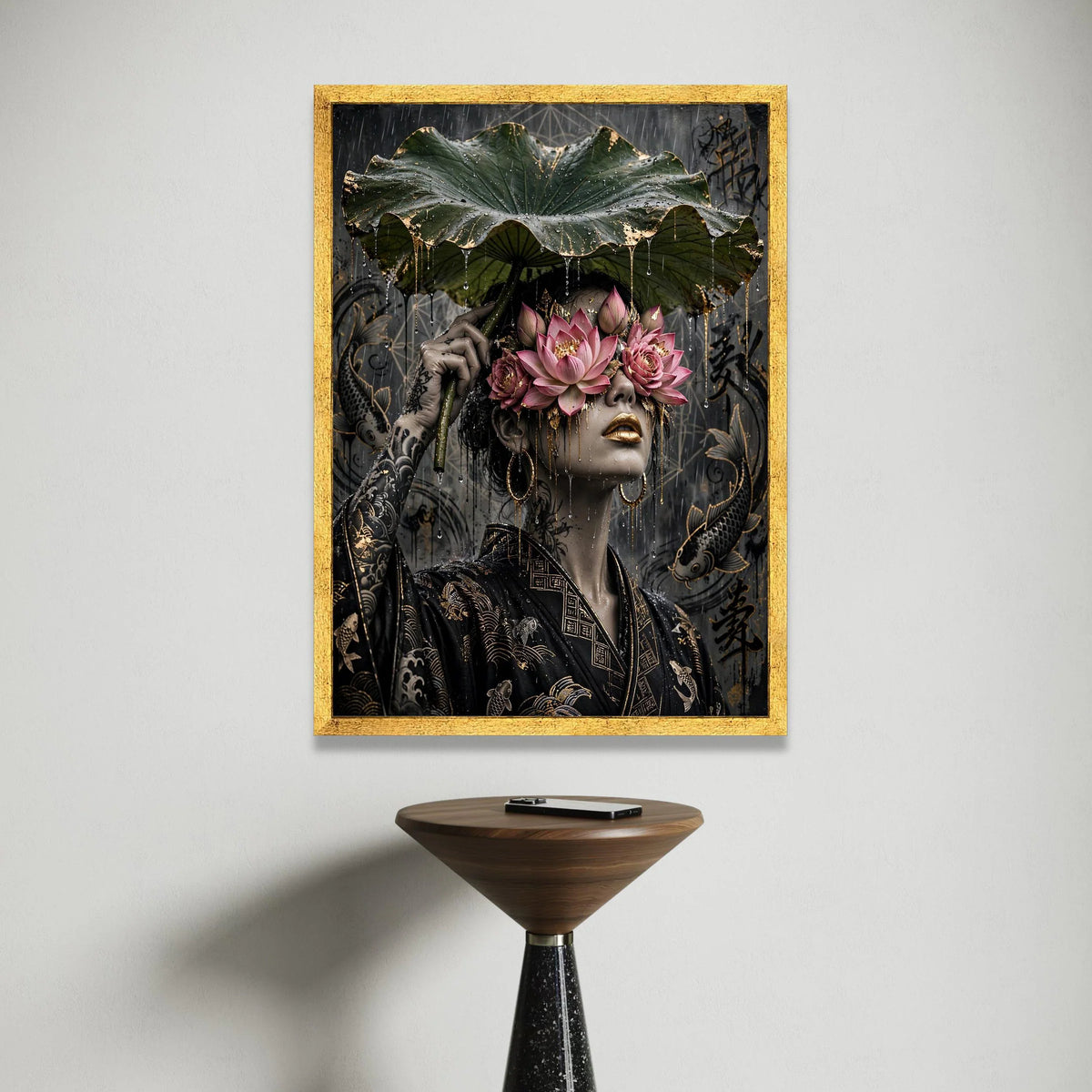 Surreal Lotus Mask Woman, Asian Style Canvas, Golden Koi Fish Art, Rain Scene Wall Decoration, Floral Face Art Canvas Canvas Print Art