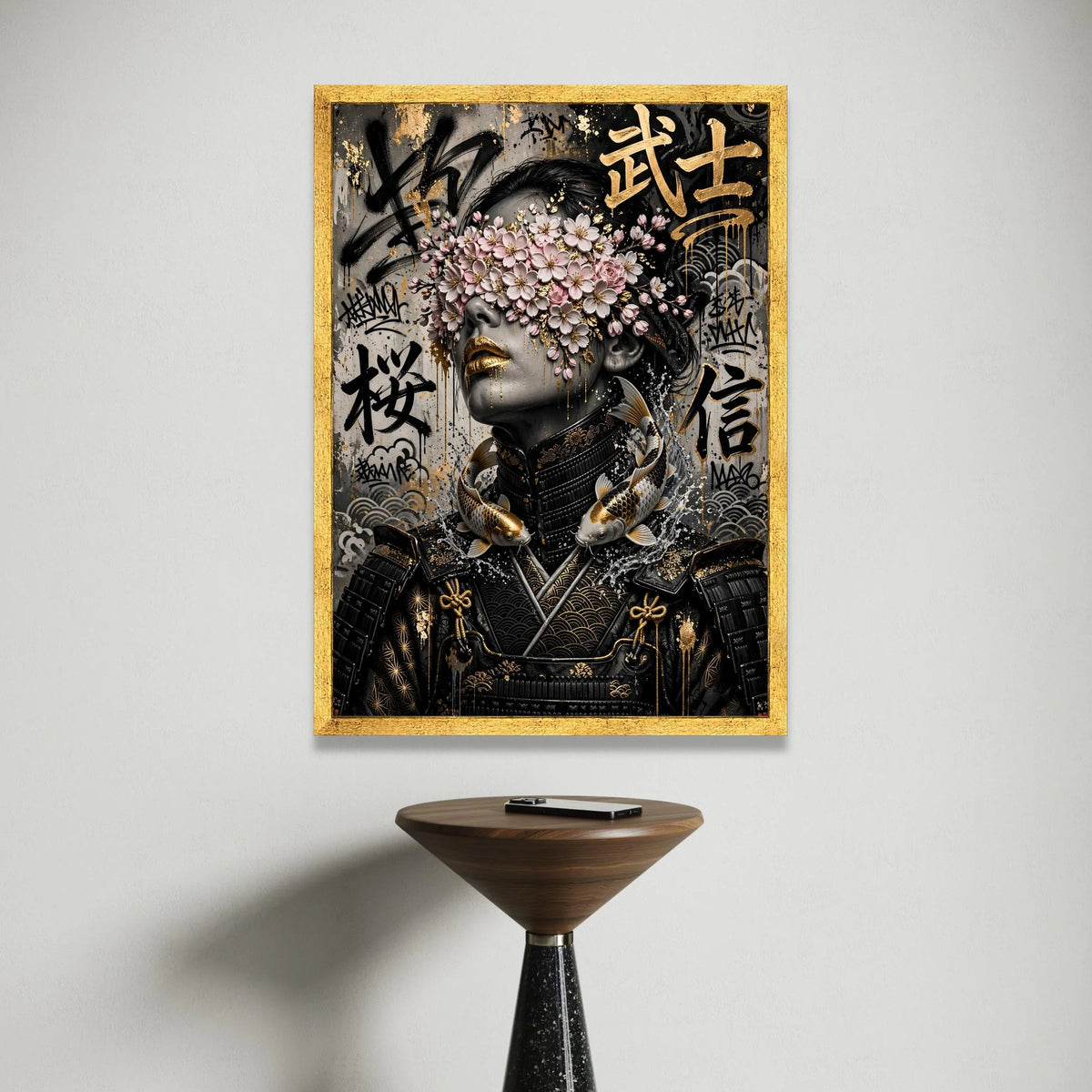Elegant Samurai Woman Canvas, Floral Eyes Cover Art, Japanese Koi Fish Design, Urban Graffiti Wall Art, Modern Asian Decor Canvas Print Art