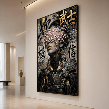 Elegant Samurai Woman Canvas, Floral Eyes Cover Art, Japanese Koi Fish Design, Urban Graffiti Wall Art, Modern Asian Decor Canvas Print Art
