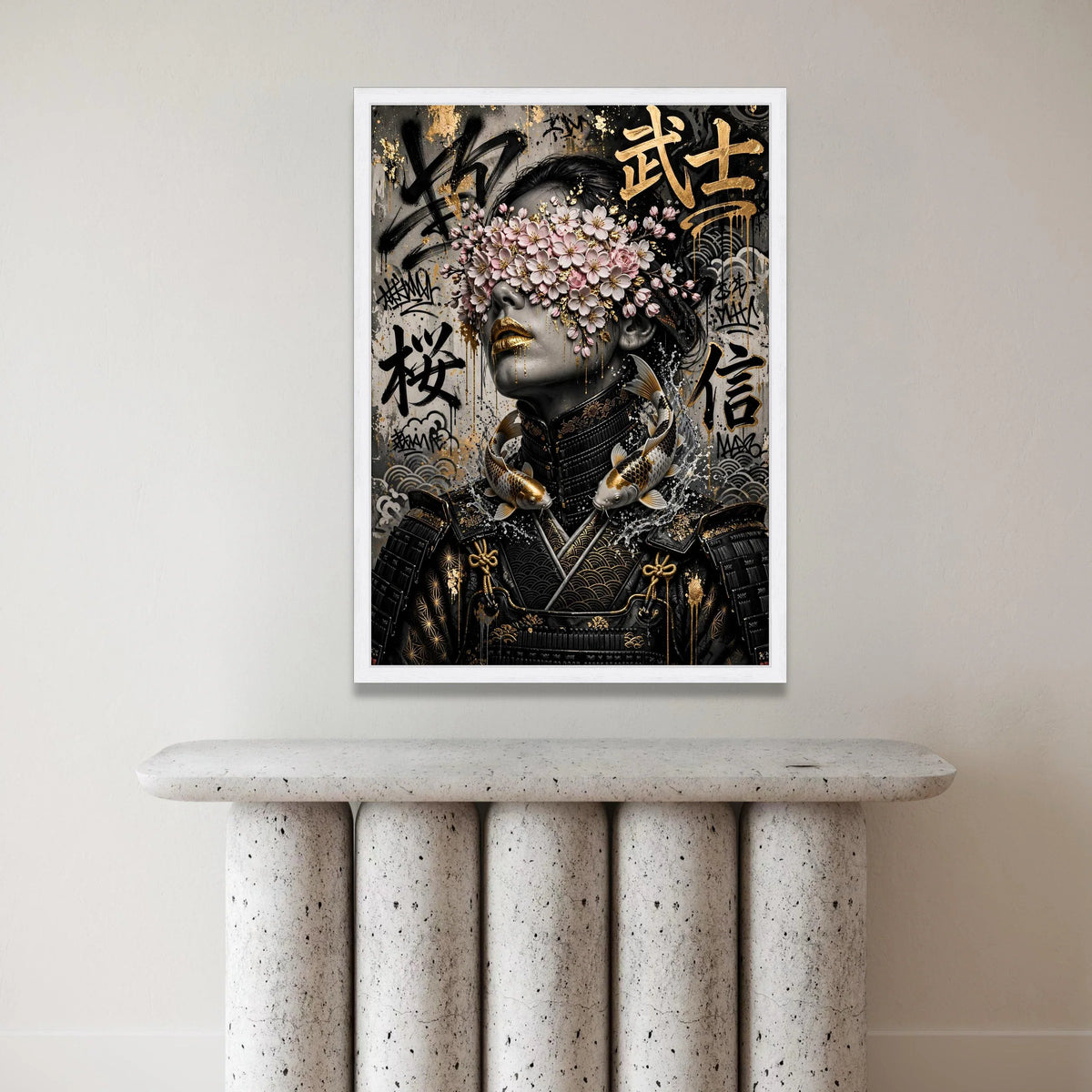 Elegant Samurai Woman Canvas, Floral Eyes Cover Art, Japanese Koi Fish Design, Urban Graffiti Wall Art, Modern Asian Decor Canvas Print Art