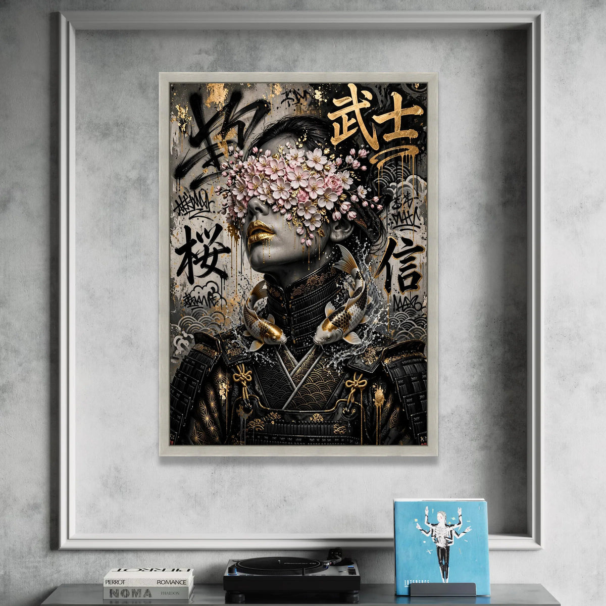 Elegant Samurai Woman Canvas, Floral Eyes Cover Art, Japanese Koi Fish Design, Urban Graffiti Wall Art, Modern Asian Decor Canvas Print Art