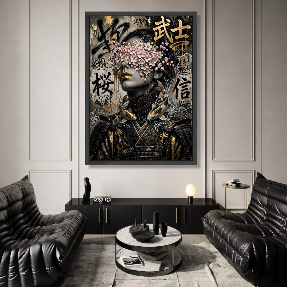 Elegant Samurai Woman Canvas, Floral Eyes Cover Art, Japanese Koi Fish Design, Urban Graffiti Wall Art, Modern Asian Decor Canvas Print Art