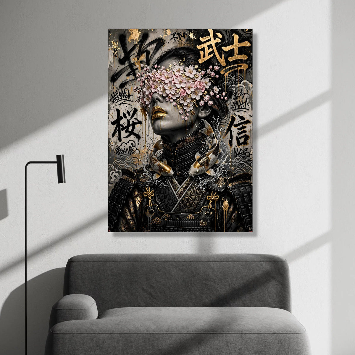 Elegant Samurai Woman Canvas, Floral Eyes Cover Art, Japanese Koi Fish Design, Urban Graffiti Wall Art, Modern Asian Decor Canvas Print Art