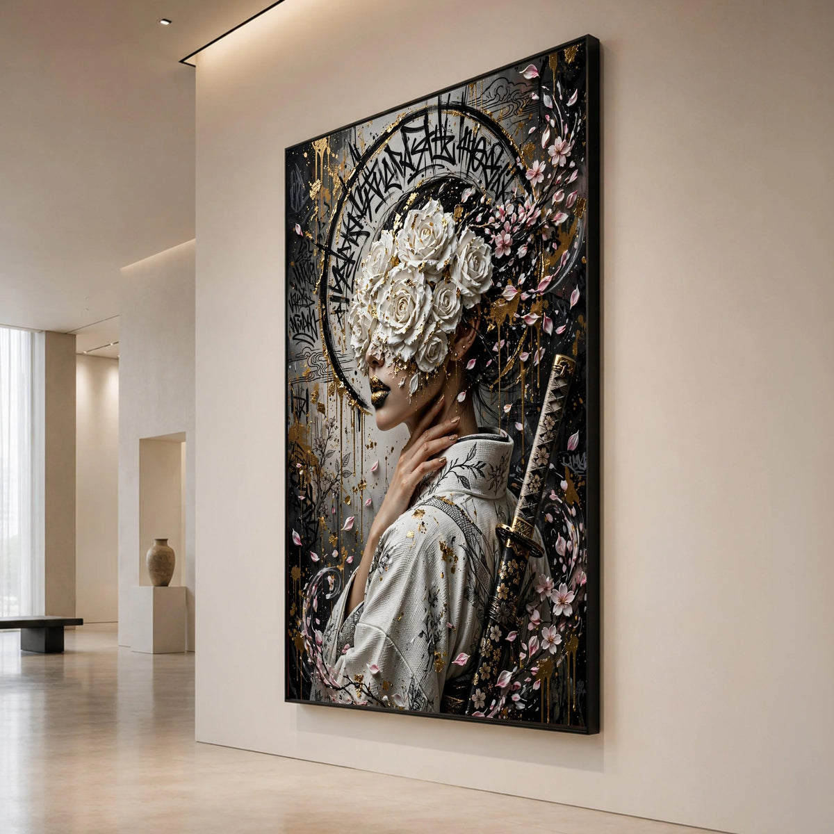 Elegant Geisha Portrait Canvas, White Roses Mask, Cherry Blossom Wall Art, Japanese Kimono Design, Samurai Sword Decoration Canvas Print Art