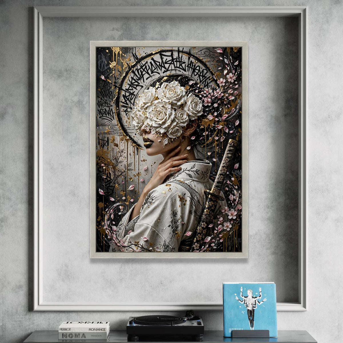Elegant Geisha Portrait Canvas, White Roses Mask, Cherry Blossom Wall Art, Japanese Kimono Design, Samurai Sword Decoration Canvas Print Art