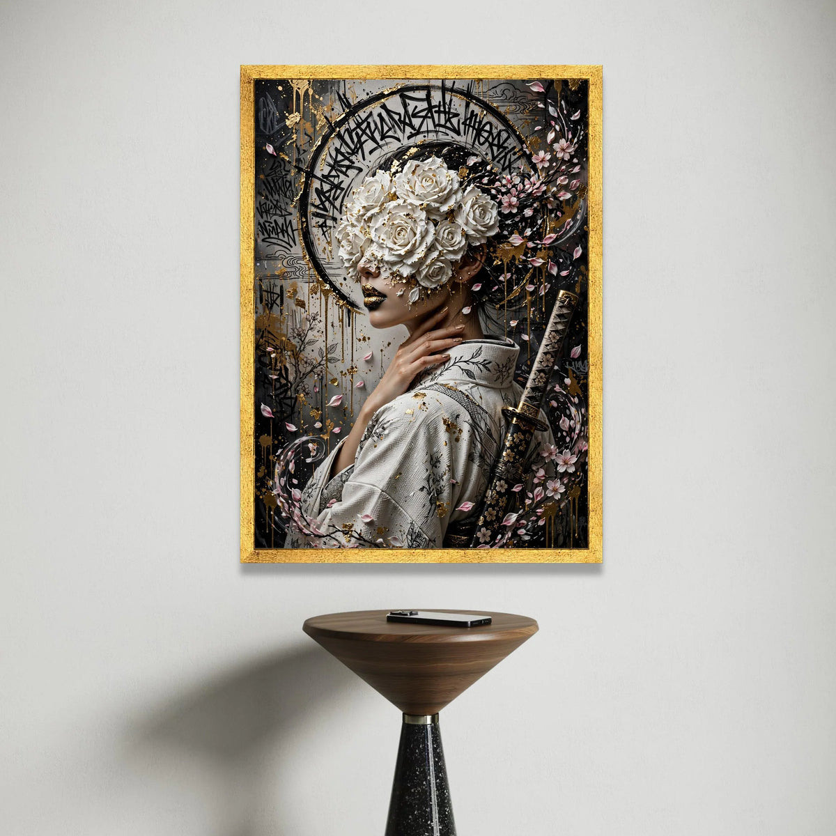 Elegant Geisha Portrait Canvas, White Roses Mask, Cherry Blossom Wall Art, Japanese Kimono Design, Samurai Sword Decoration Canvas Print Art