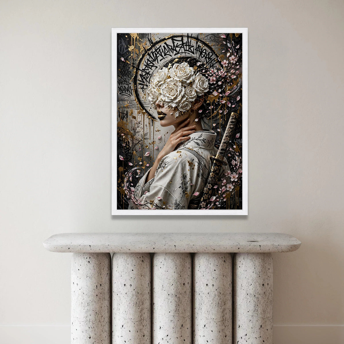 Elegant Geisha Portrait Canvas, White Roses Mask, Cherry Blossom Wall Art, Japanese Kimono Design, Samurai Sword Decoration Canvas Print Art