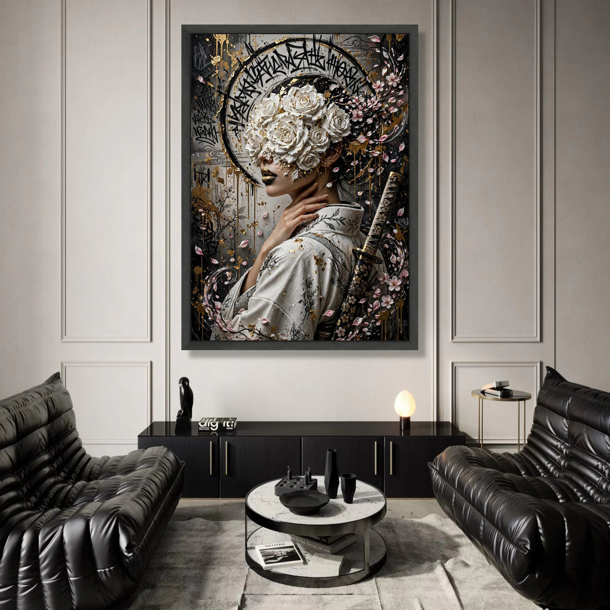 Elegant Geisha Portrait Canvas, White Roses Mask, Cherry Blossom Wall Art, Japanese Kimono Design, Samurai Sword Decoration Canvas Print Art
