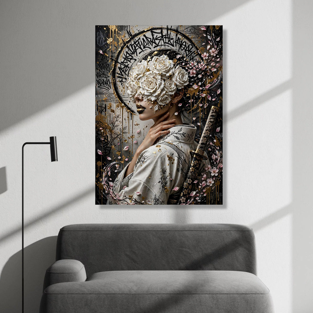 Elegant Geisha Portrait Canvas, White Roses Mask, Cherry Blossom Wall Art, Japanese Kimono Design, Samurai Sword Decoration Canvas Print Art
