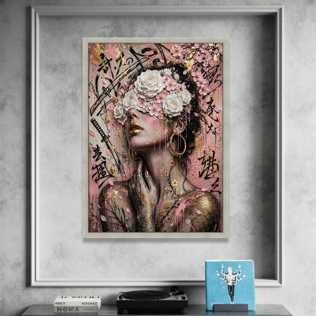 Ethereal Woman with Floral Mask Canvas, Japanese Cherry Blossom Art, Gold Accent Wall Decor, Abstract Portrait Canvas for Canvas Print Art