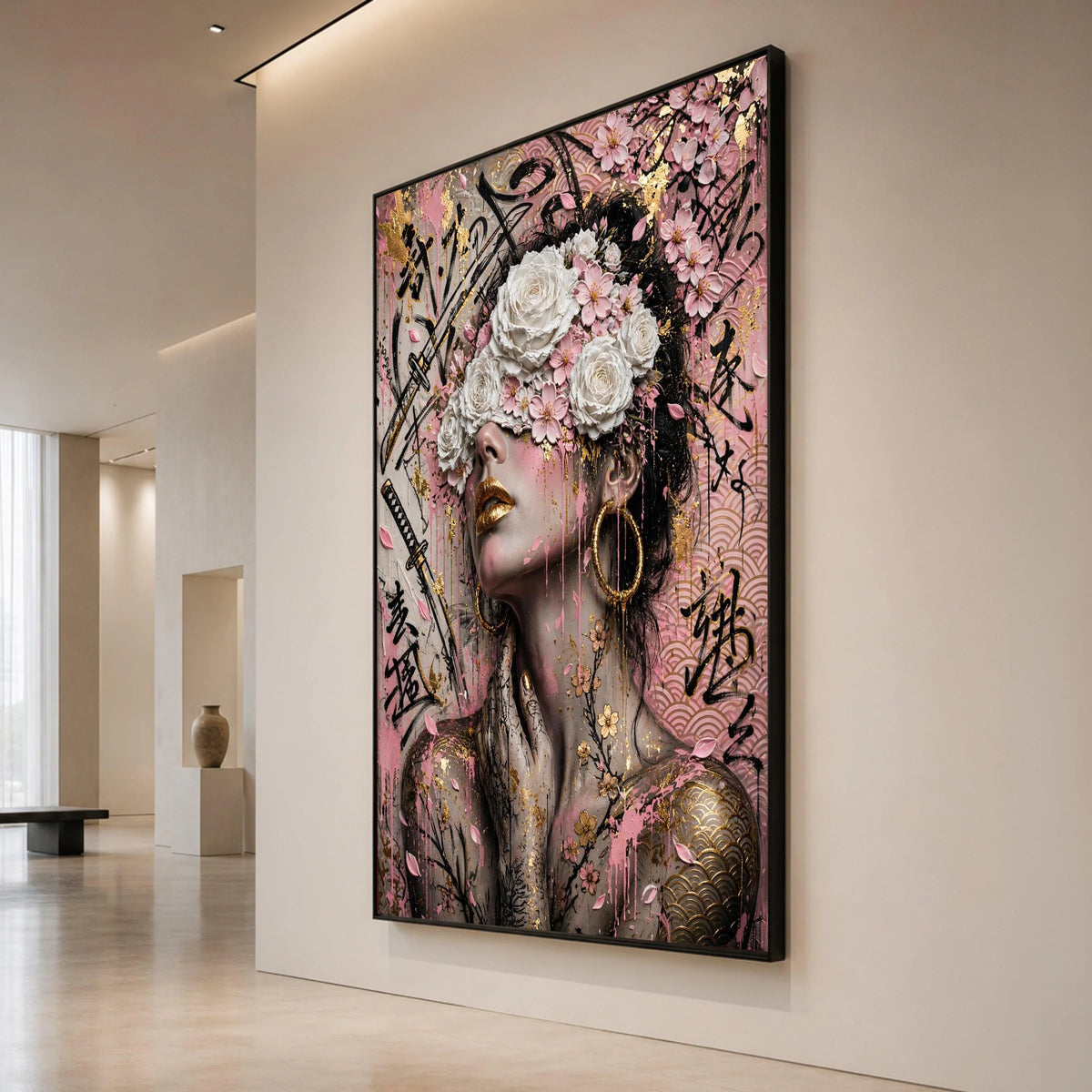 Ethereal Woman with Floral Mask Canvas, Japanese Cherry Blossom Art, Gold Accent Wall Decor, Abstract Portrait Canvas for Canvas Print Art