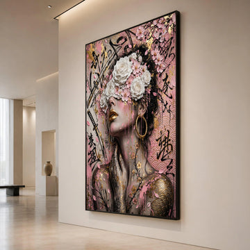 Ethereal Woman with Floral Mask Canvas, Japanese Cherry Blossom Art, Gold Accent Wall Decor, Abstract Portrait Canvas for Canvas Print Art