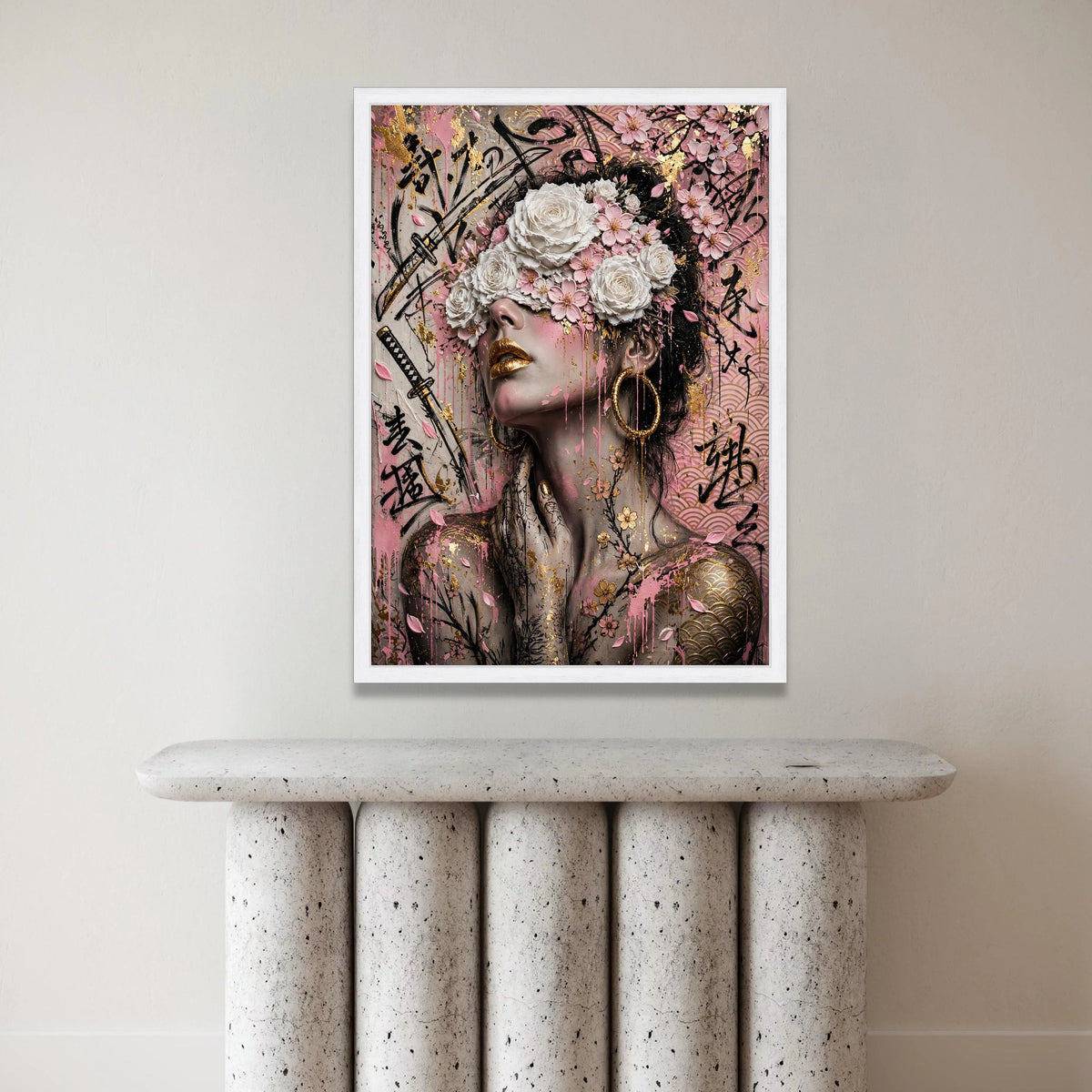 Ethereal Woman with Floral Mask Canvas, Japanese Cherry Blossom Art, Gold Accent Wall Decor, Abstract Portrait Canvas for Canvas Print Art