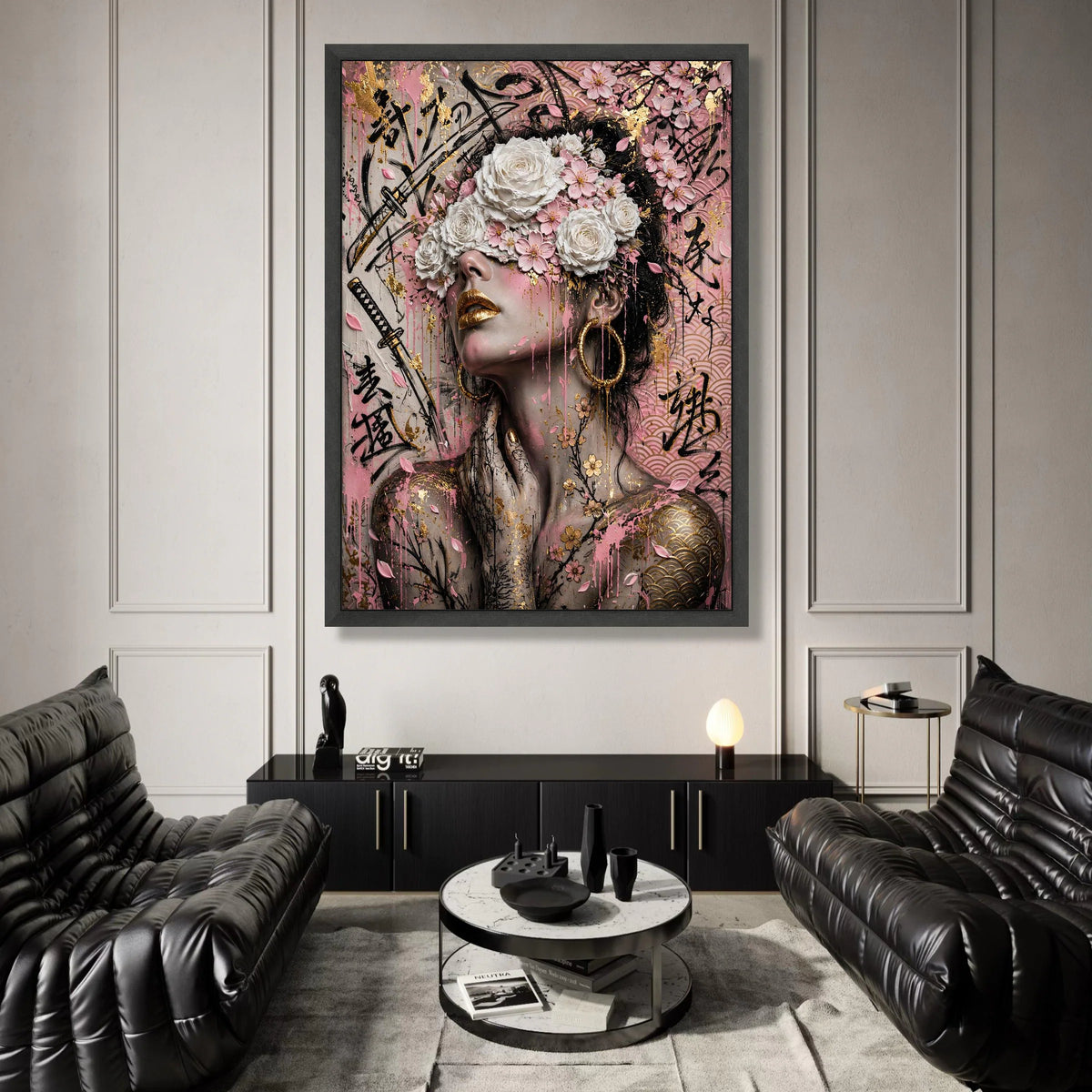 Ethereal Woman with Floral Mask Canvas, Japanese Cherry Blossom Art, Gold Accent Wall Decor, Abstract Portrait Canvas for Canvas Print Art