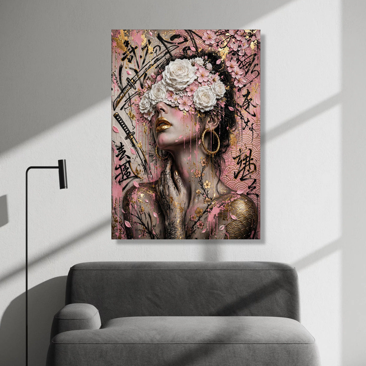 Ethereal Woman with Floral Mask Canvas, Japanese Cherry Blossom Art, Gold Accent Wall Decor, Abstract Portrait Canvas for Canvas Print Art