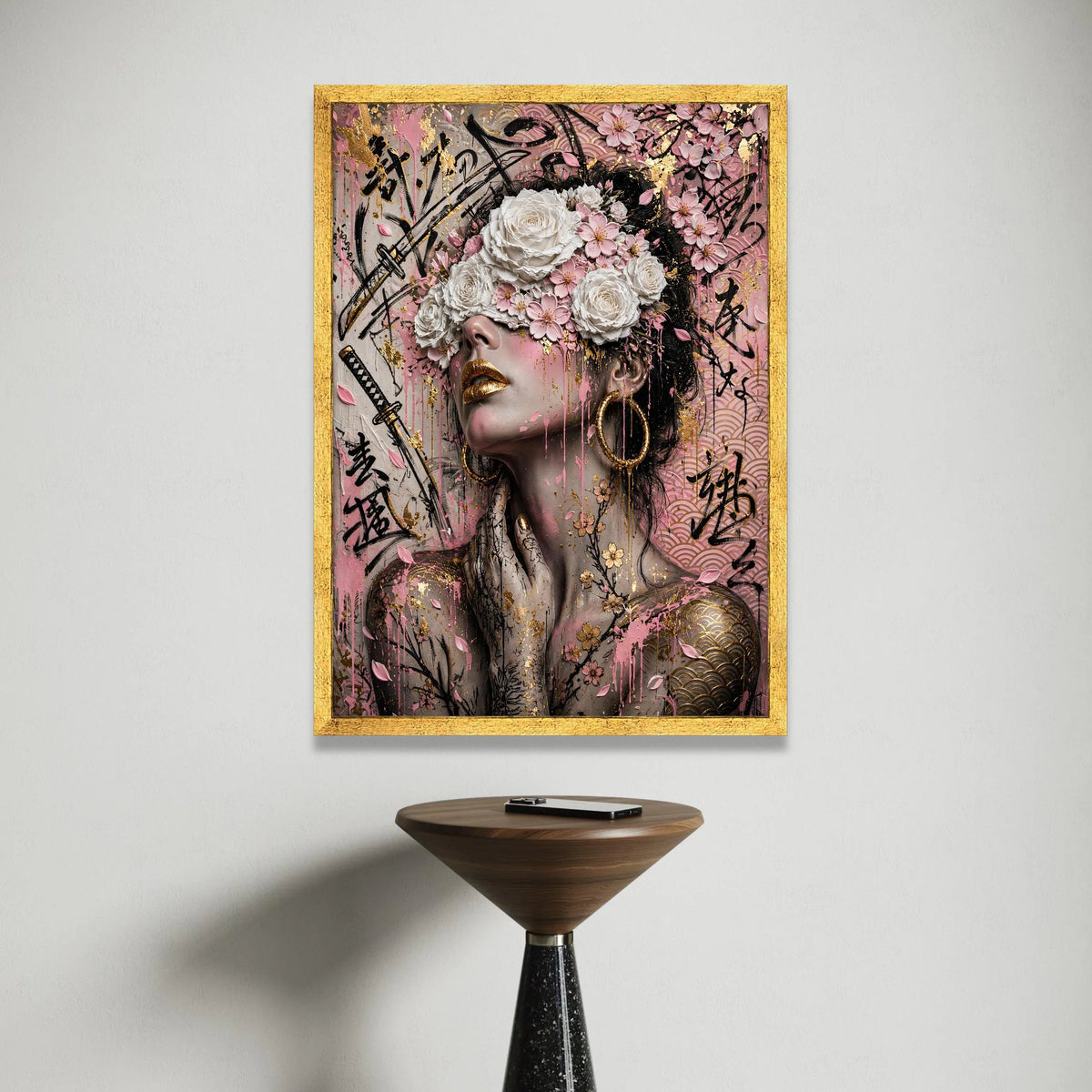 Ethereal Woman with Floral Mask Canvas, Japanese Cherry Blossom Art, Gold Accent Wall Decor, Abstract Portrait Canvas for Canvas Print Art