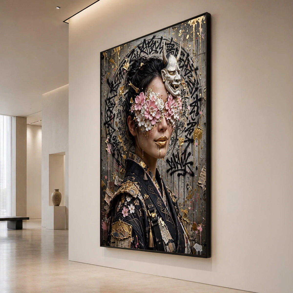Floral Masked Woman Canvas, Japanese Oni Mask Wall Art, Asian Portrait, Cherry Blossom Face Decor, Gold Accent Canvas Canvas Print Art