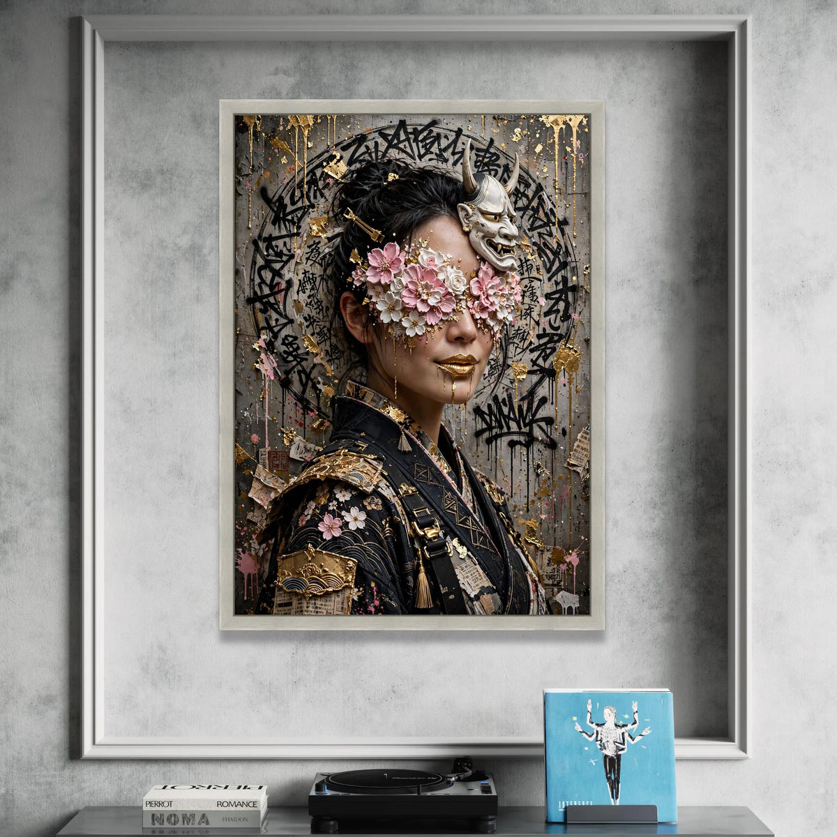 Floral Masked Woman Canvas, Japanese Oni Mask Wall Art, Asian Portrait, Cherry Blossom Face Decor, Gold Accent Canvas Canvas Print Art