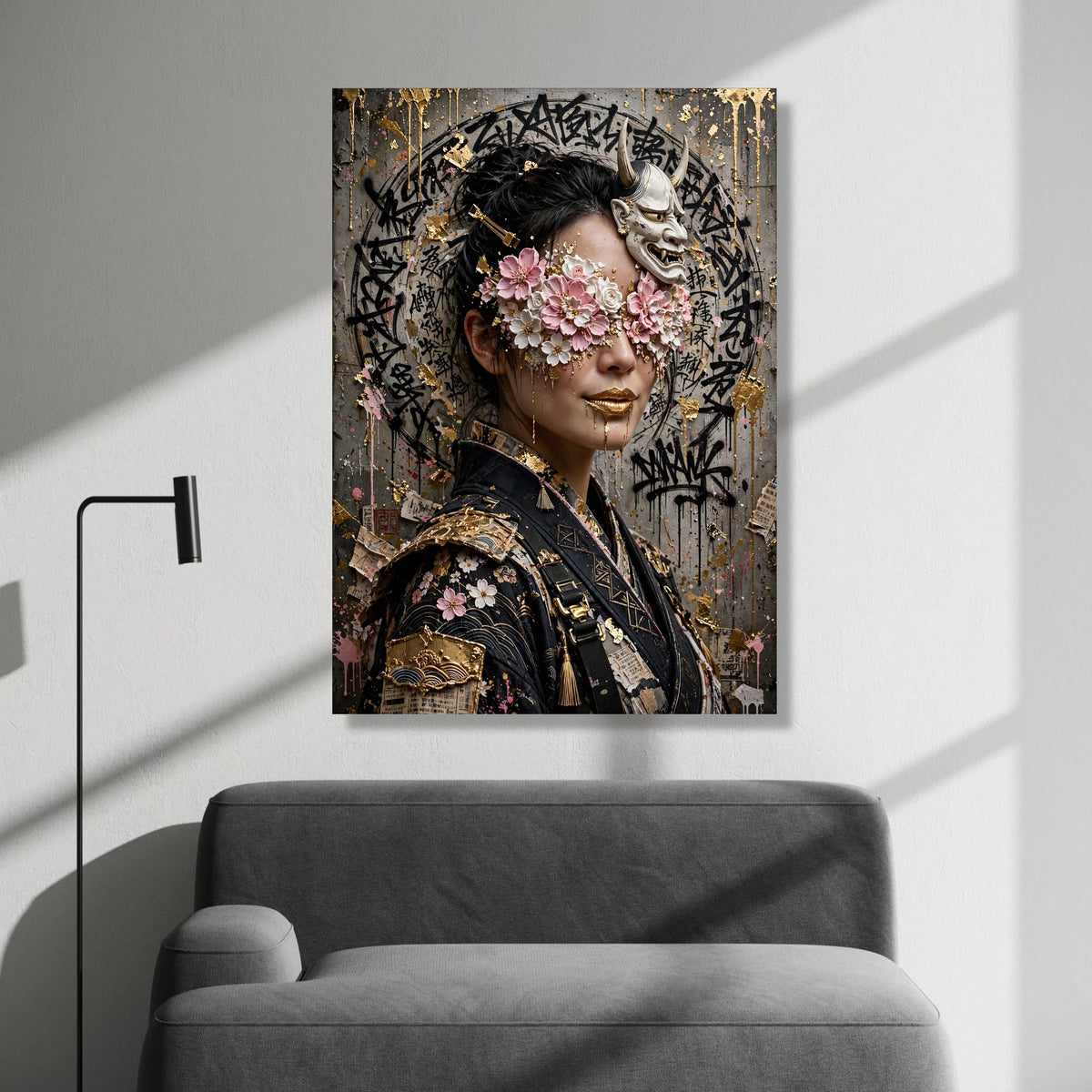 Floral Masked Woman Canvas, Japanese Oni Mask Wall Art, Asian Portrait, Cherry Blossom Face Decor, Gold Accent Canvas Canvas Print Art