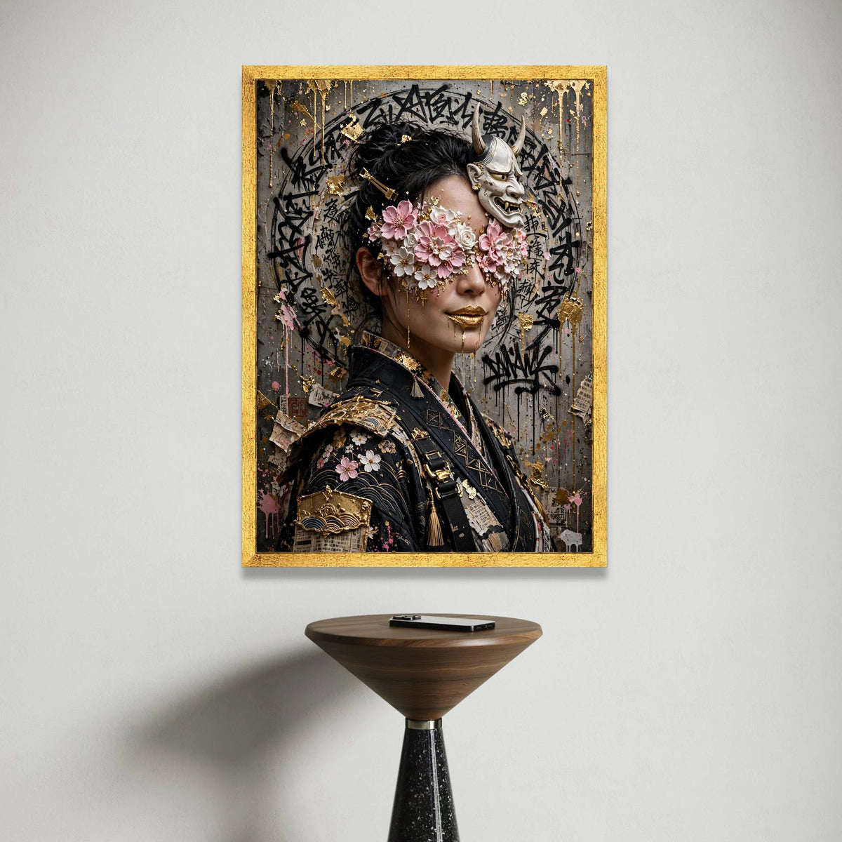 Floral Masked Woman Canvas, Japanese Oni Mask Wall Art, Asian Portrait, Cherry Blossom Face Decor, Gold Accent Canvas Canvas Print Art