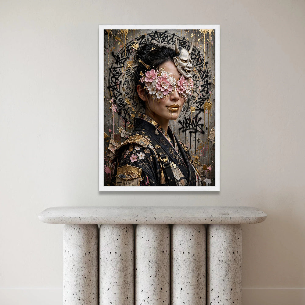 Floral Masked Woman Canvas, Japanese Oni Mask Wall Art, Asian Portrait, Cherry Blossom Face Decor, Gold Accent Canvas Canvas Print Art