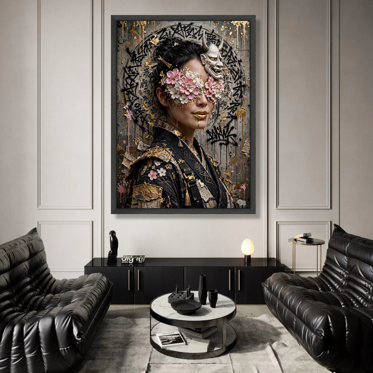Floral Masked Woman Canvas, Japanese Oni Mask Wall Art, Asian Portrait, Cherry Blossom Face Decor, Gold Accent Canvas Canvas Print Art