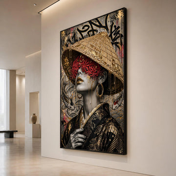 Oriental Woman Portrait Canvas, Red Floral Blindfold Art, Asian Culture Canvas, Gold Accents Wall Art, Decorative Home Canvas Print Art